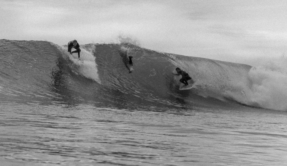 Jimmy Gamboa at Rincon riding his trusty single fin 6”8 Klaus Jones, having a flashback to surfing heavy Kirra for the first time while ducking under someone going past him over the falls. Photo: <a href=\"https://lowtiderising.com\">Aroyan/lowtiderising.com</a>