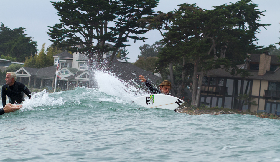 Conner Coffin surfs so fast I had to guess where and when he would appear on this wave before he was gone to the next section and the next one after that. Photo: <a href=\"https://lowtiderising.com\">Aroyan/lowtiderising.com</a>