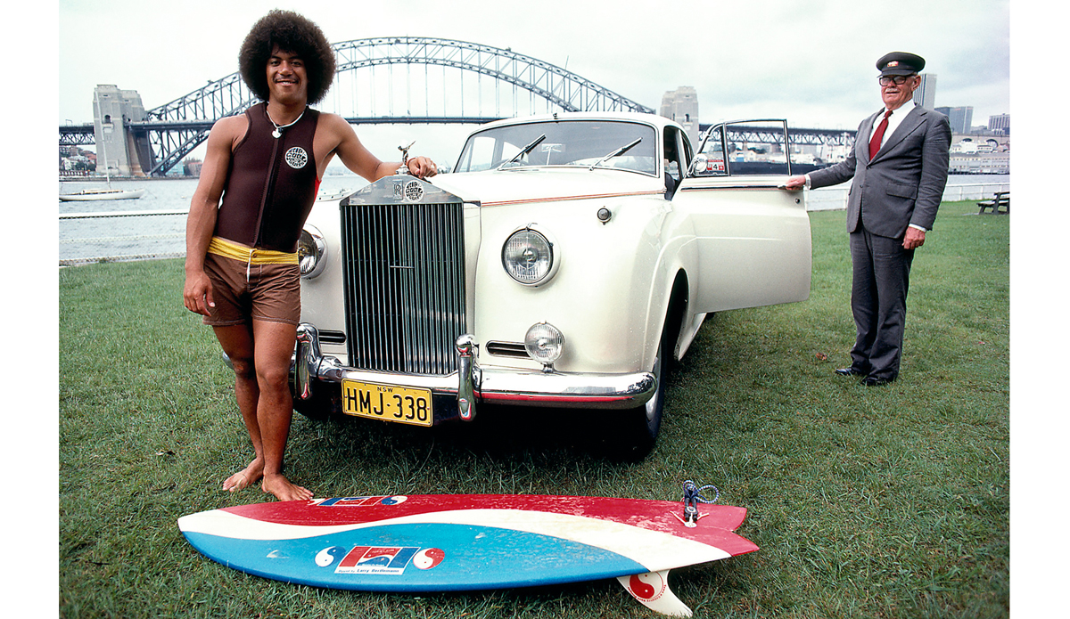 Larry Bertlemann by the Sydney Bay Bridge Australia 1978 for Rip Curl. Image: <a href=\"https://www.artbrewer.com/\" target=\"_blank\">Brewer</a>