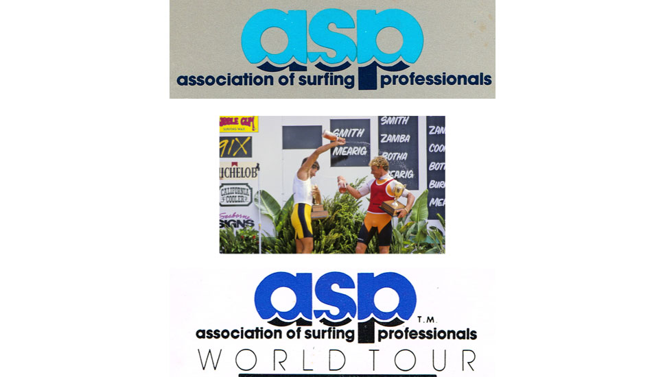 1983-1989: The ASP was created in January 1983 by Ian Cairns as the definitive governing body of professional surfing. The top logo was the first ever. Below, Tom Carroll and Tom Curren spray each other after the OP Pro in Oceanside. The bottom logo was the ASP\'s logo starting in 1984-1989 and OP was out as main sponsor in 1984. Images: <a href=\"www.aspworldtour.com\">ASP</a>