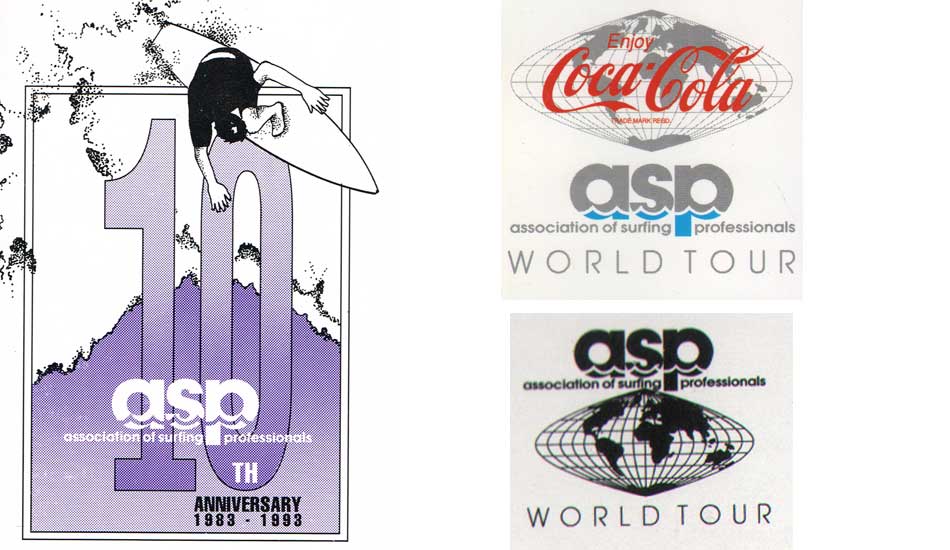 1993: The ten-year anniversary of the ASP meant a new logo and Coca Cola came on board as the main sponsor. Images: <a href=\"www.aspworldtour.com\">ASP</a>