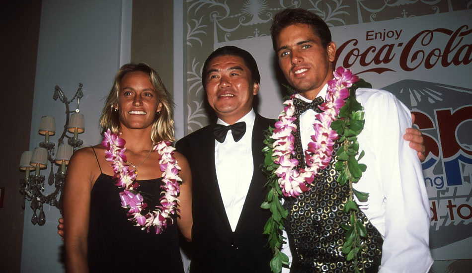 A younger Lisa Andersen and Kelly Slater, post lei. Photo <a href=\"https://www.aspworldtour.com\">courtesy of the ASP</a>