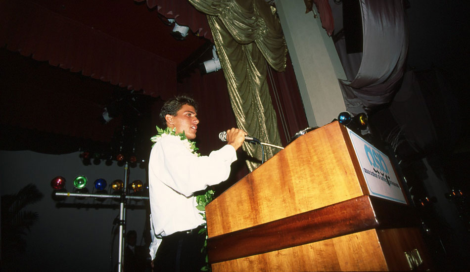 Remember when Kelly had hair? That\'s changed, but his giving acceptance speeches has not. Photo <a href=\"https://www.aspworldtour.com\">courtesy of the ASP</a>