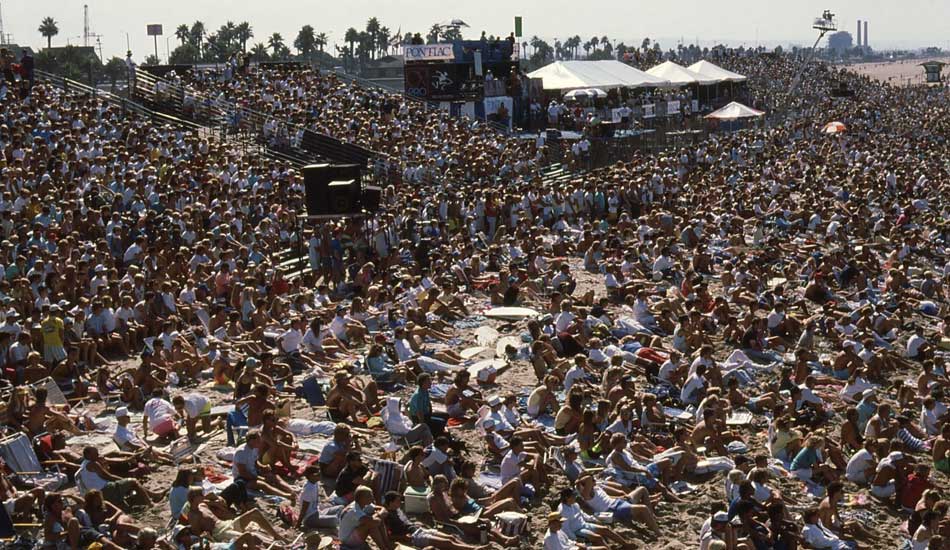 The hordes of spectators at the OP Pro in Huntington Beach. This ended in a most unfortunately memorable scene. Photo <a href=\"https://www.aspworldtour.com\">courtesy of the ASP</a>