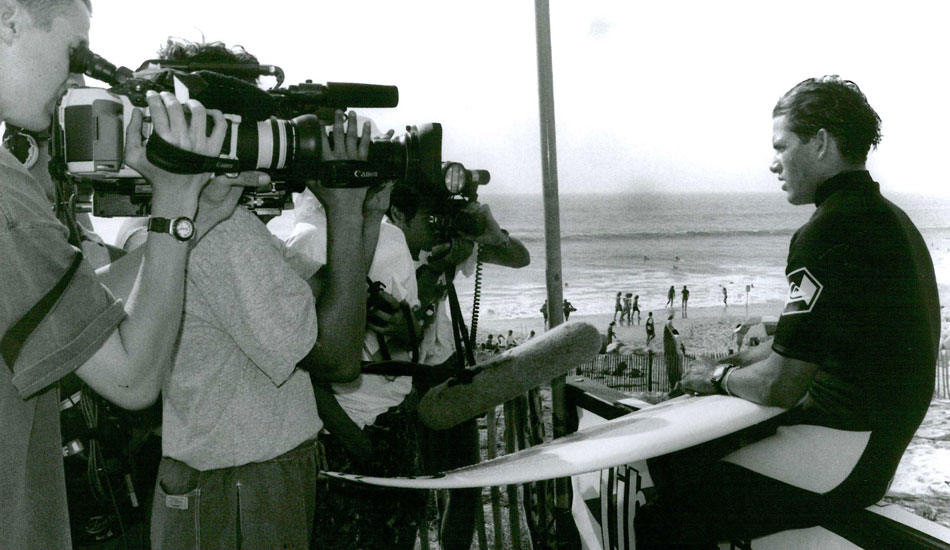 A young Kelly Slater in front of cameras. This scene would become a fixture in his competitive life forever after. Photo <a href=\"http://www.aspworldtour.com\">courtesy of the ASP</a>