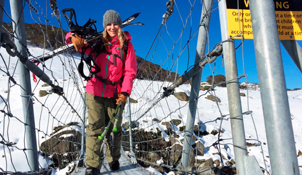 Crossing the snowy river at the Illawong footbridge. Photo: Matt Ward