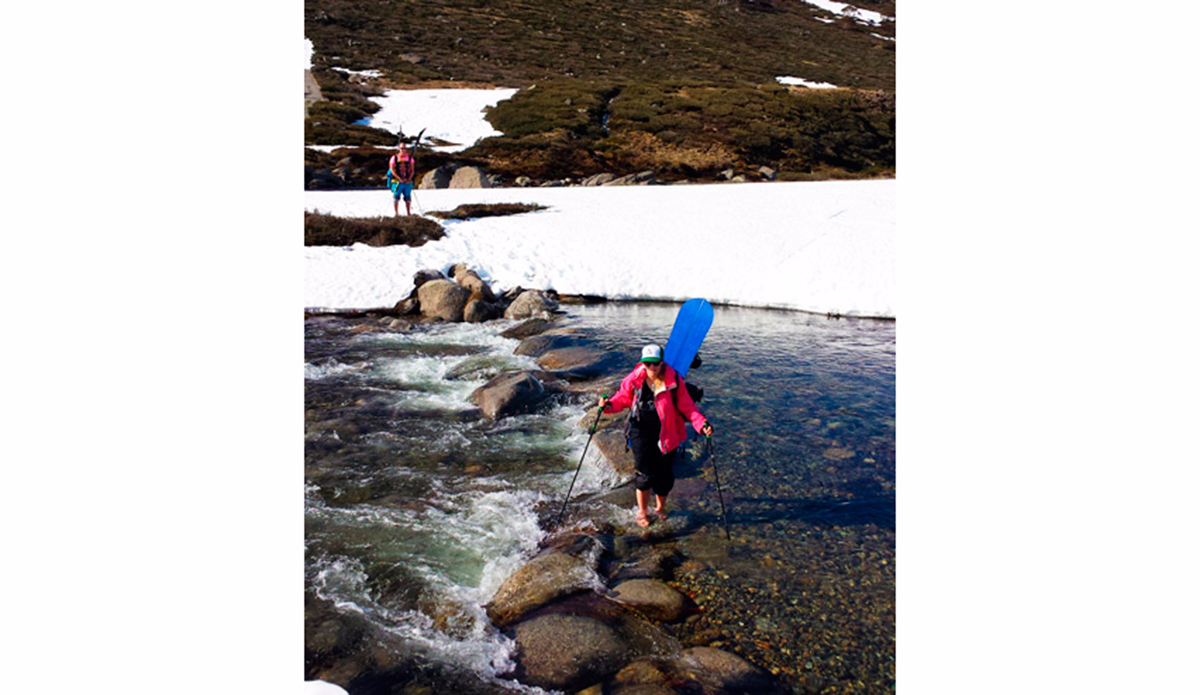 Crossing the Snowy River from Charlotte’s Pass Oct long weekend.. On the afternoon return, the river was raging well above my knees! Hectic. Photo: Damon Miller