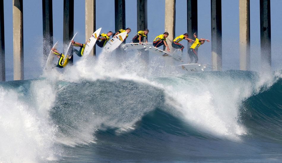 Sequence of Pat Gudauskas launching a rodeo at Huntington Beach during the US Open of Surfing. Photo: <a href=\"https://driftwoodfoto.com/\">Ben Ginsberg</a>