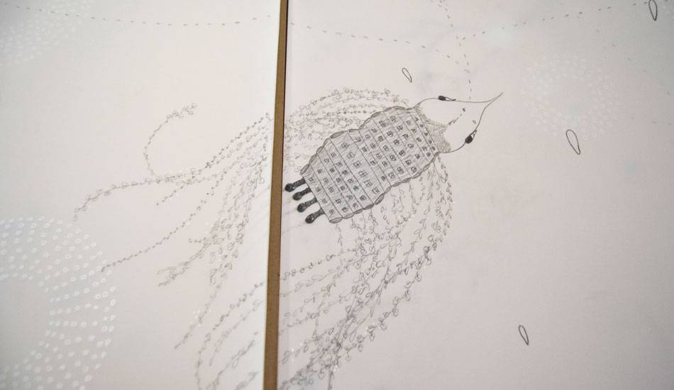 Spasmic Detail Creature. Media on layered Mylar and brown paper.