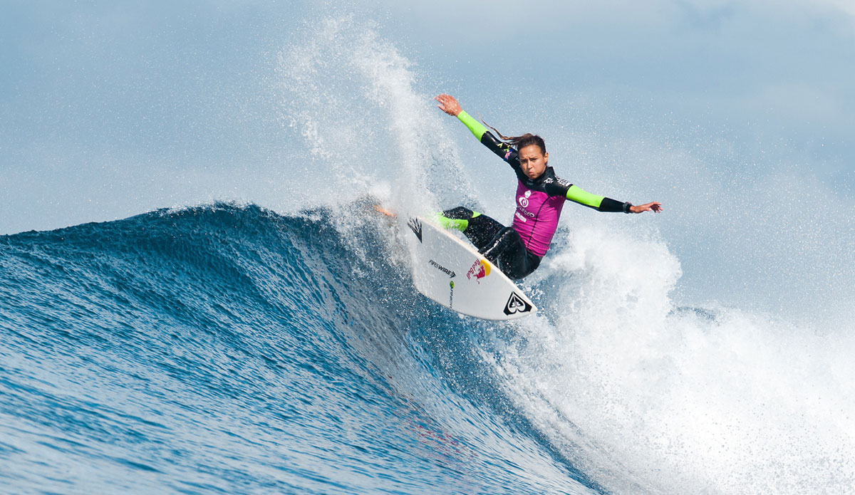 Sally Fitzgibbons of Gerroa, New South Wales, Australia (pictured) advanced into the semifinals of the Womens Ripcurl Pro Bells Beach, defeating Malia Manuel (HAW) with a heat total of 17.10 points (out of a possible 20.00) in quarterfinal one at Bells Beach today. Photo: <a href=\"https://www.aspworldtour.com/\">Cestari/ASP</a>