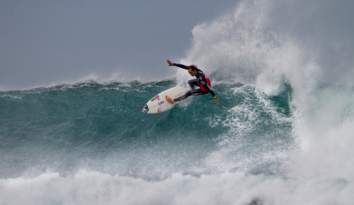 Jordy Smith of Durban South Africa won his Round 3 heat at the Rip Curl Pro Bells Beach advancing into Round 4 in Australia on Monday April 21, 2014. Smith defeated Sebastien Zietz (HAW) posting a near perfect 9.57 score (out of 10.00). Photo:  <a href=\"https://www.aspworldtour.com/\">Kirstin/ASP</a>