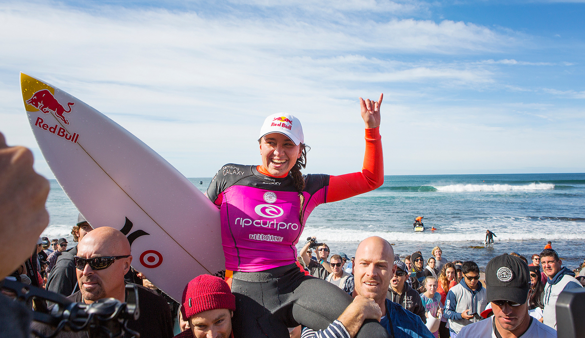 Carissa Moore of Hawaii (pictured) has won the Rip Curl Pro Bells Beach for the second consecutive year defeating Tyler Wright (AUS) in the final in Australia on Wednesday April 23, 2014. Moore defeated Wright by 16.23 to 15.77 (both out of a possible 20.00). Photo: <a href=\"http://www.aspworldtour.com/\">Kirstin/ASP</a>
