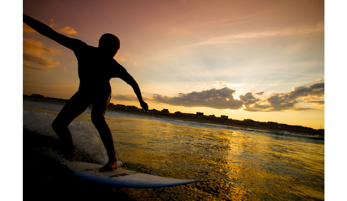Best day of surf that I got to shoot in. 3-4 foot and absolutely perfect. The sunset was out of this world. I couldn\'t wait to get home and view the shots. Joe Risen setting up for a roundhouse into the sunset. Photo: <a href=\"https://bencurriephoto.zenfolio.com/\">Ben Currie</a>