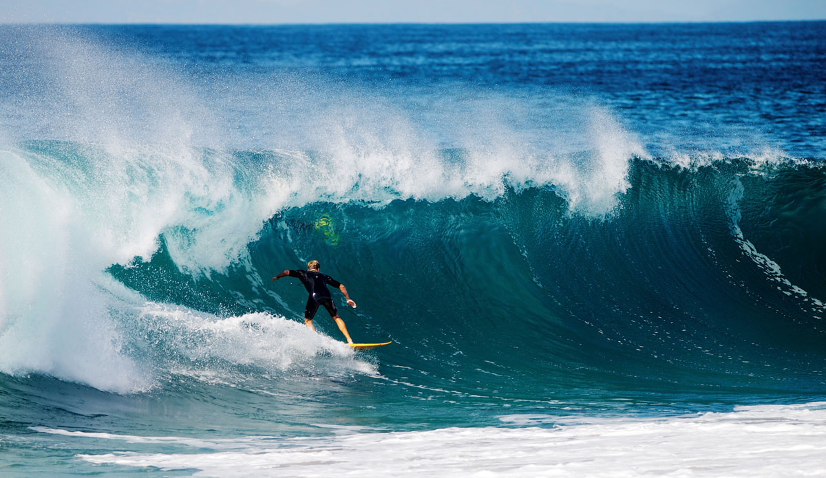 Spencer Pirdy has been charging The Wedge for years and knows when to stand firm under the lip. Photo: <a href=\"https://www.driftwoodfoto.com/\">Benjamin Ginsberg</a>