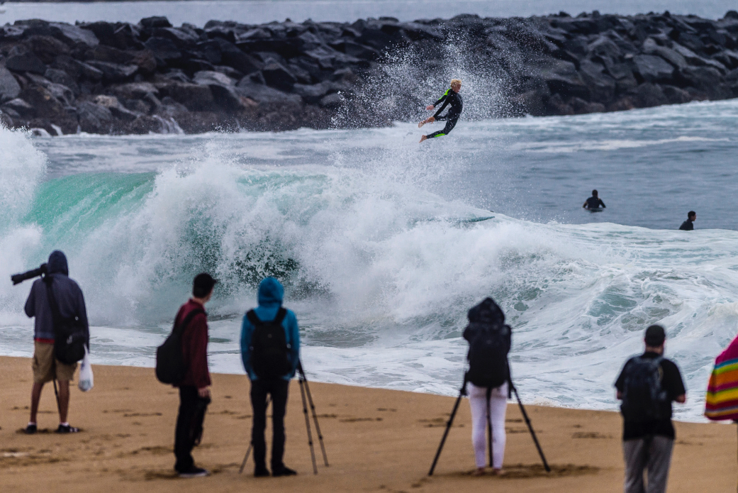 With so many surfers in the lineup a few decided to take to the air for a different view. Photo: Ben Ginsberg
