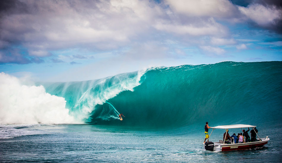 Teahupoo master Raimana Van Bastolaer on one of his biggest waves ridden at his home spot, Teahupoo, last May 2013. Photo: <a href=\"https://benthouard.com/\" target=_blank>Ben Thouard</a>.