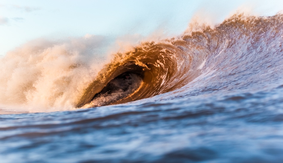 Brett Barley on one of his last waves of the day... \"I mean I fully remember the foam ball hitting me and I couldn\'t see, but it lifted my board to extra speed to make it... Definitely my longest barrel [of the day.]\" Photo: <a href=\"https://bennycrum.tumblr.com/\" target=_blank>Benny Crum</a>