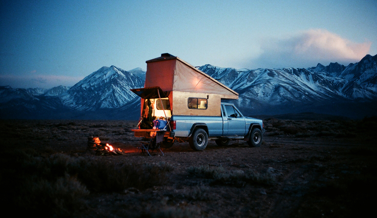 A long exposure of my homemade camper and 1991 Jeep Comanche in the eastern sierras, 2014. Photo: <a href=\"https://trevorgordonarts.com\">TrevorGordonArts.com</a>