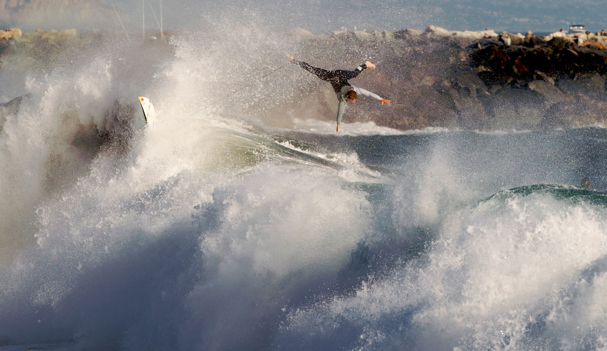 Jamie O\'Brien came all the way from Hawaii to find out what Wedge is all about. Here he tries to find a safe way to exit out. Hint: there is none. Photo: <a href=\"https://www.driftwoodfoto.com/\">Benjamin Ginsberg</a>