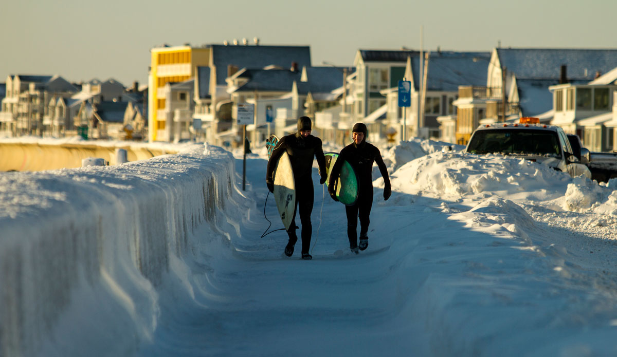 Xavier Quinn and Jon Kiskinis on a frigid walk to the next break. Photo: <a href=\"http://www.bryannicholson.com/\">Bryan Nicholson</a>