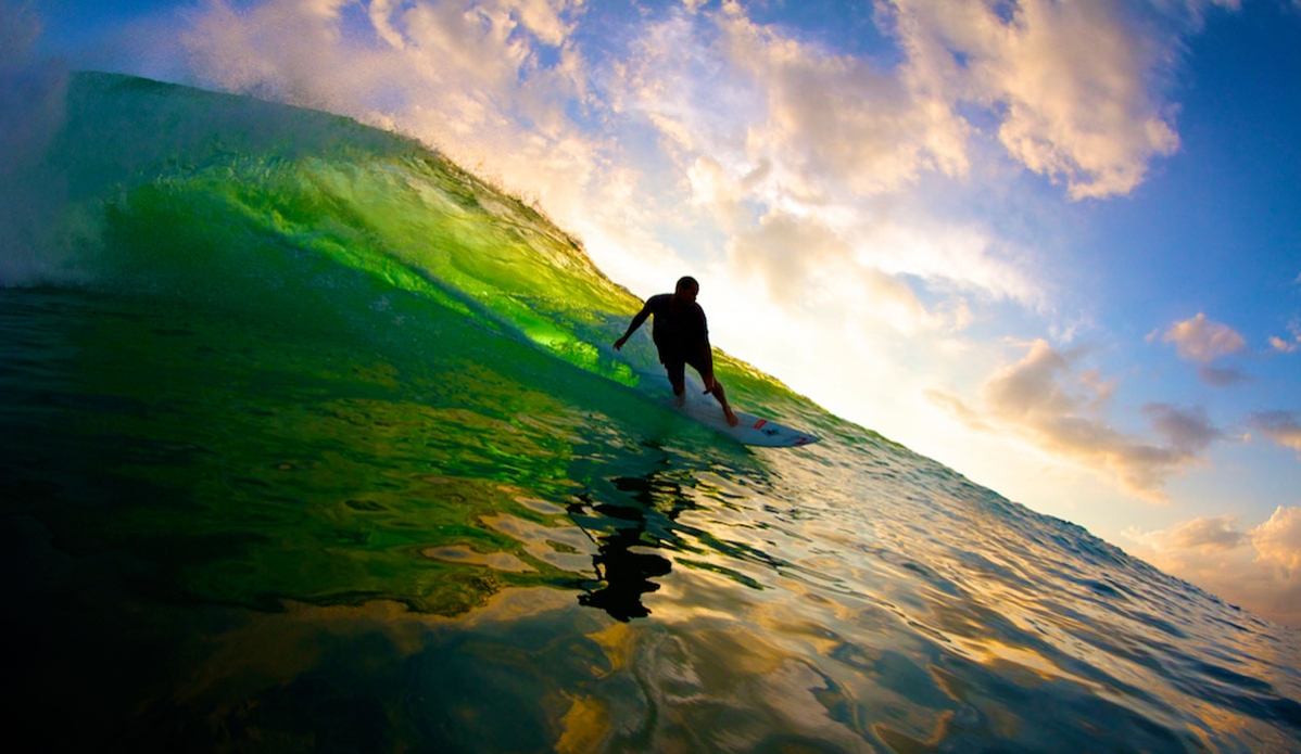 Sunset soul glide. Marcus Lascelles at Lakey Peak. Photo: <a href=\"https://richardkotchphotography.com/\">Richard Kotch</a>