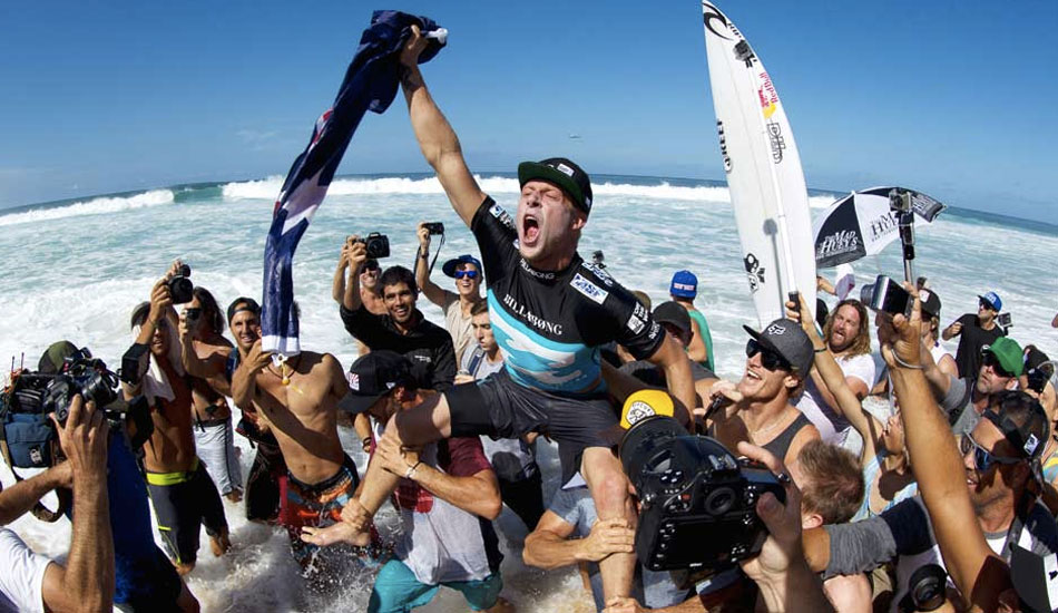 Mick Fanning moments after hearing he got the 9.7 that solidified his status as world champ. Photo: <a href=\"https://mattdunbar.com.au/\">Matt Dunbar</a> from <a href=\"https://www.theinertia.com/surf/the-final-day-of-the-billabong-pipe-masters/\" target=\"_blank\">The Epic Finale of the 2013 Billabong Pipe Masters</a>