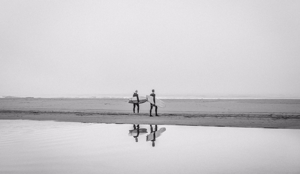 \"I was paddling out with Jason Tilley of Tilley Surfboards for our first session on a collaboration board we created, and the marine layer was thick and the ocean and sky were separated only by their slight variation of grey, blurring the boundary between the two.\"