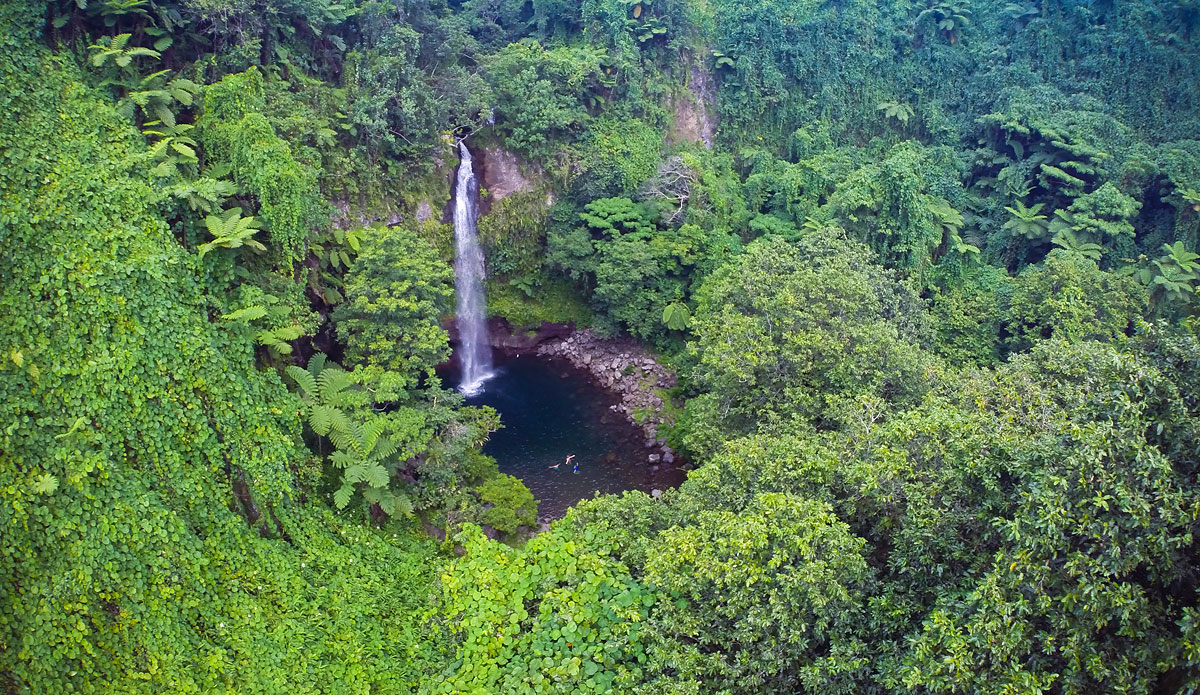 We hiked up into this waterfall.  There was absolutely nobody around.  I carried my camera gear up through the trails barefoot.  I couldn\'t get the GPS to function and find the Satellites for my heli.  I think the satellites were getting blocked by the mountain range and the fact that I was surrounded by so much beauty.  But I felt I had to fly.  I put it up and the thing just wanted to run.  My hands were shaking a little, and I thought it was going to just run and take off for a second.  Then a group of locals came up and saw what I was doing.  I got some great shots and brought it down.  I showed them a few and they took pictures of me and the wild aerial camera.  The fijians are so welcoming and kind.  They invited me to join them for some food and go for a swim.  Both of which I did.  Photo: <a href=\"https://www.bobridges.com/\">Bo Bridges</a>