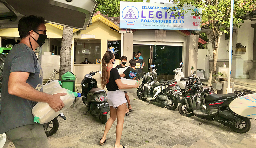 Always an inspiration, Wollongong’s Sam Mahony, co-founder of Project Nasi, walking the walk with the Legian Boardriders club.