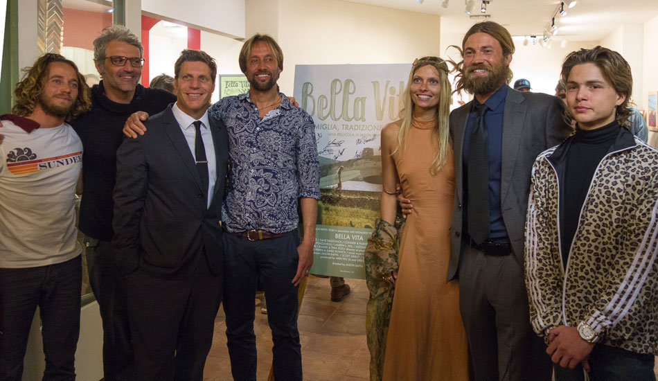 The Bella Vita crew. Baffa and Del Moro was joined on the pilgrimage by international surfers Dave Rastovich, Lauren L. Hill, Conner and Parker Coffin as well as Italian stand- outs, Alessandro Ponzanelli and Leonardo Fioravanti. Photo: <a href=\"https://lowtiderising.com/\" target=_blank>Branden Aroyan/lowtiderising.com</a>