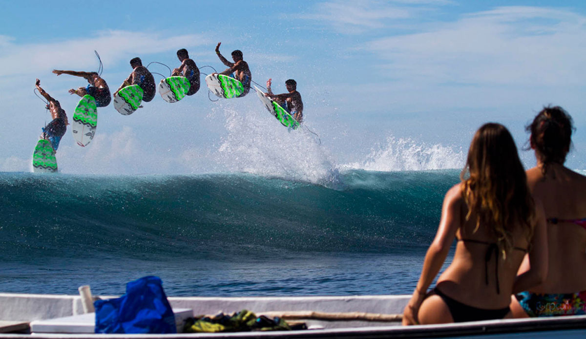 Gabriel Medina, Cloudbreak-ing for the spectators. Photo: <a href=\"https://www.stugibson.net\">Stuart Gibson</a>
