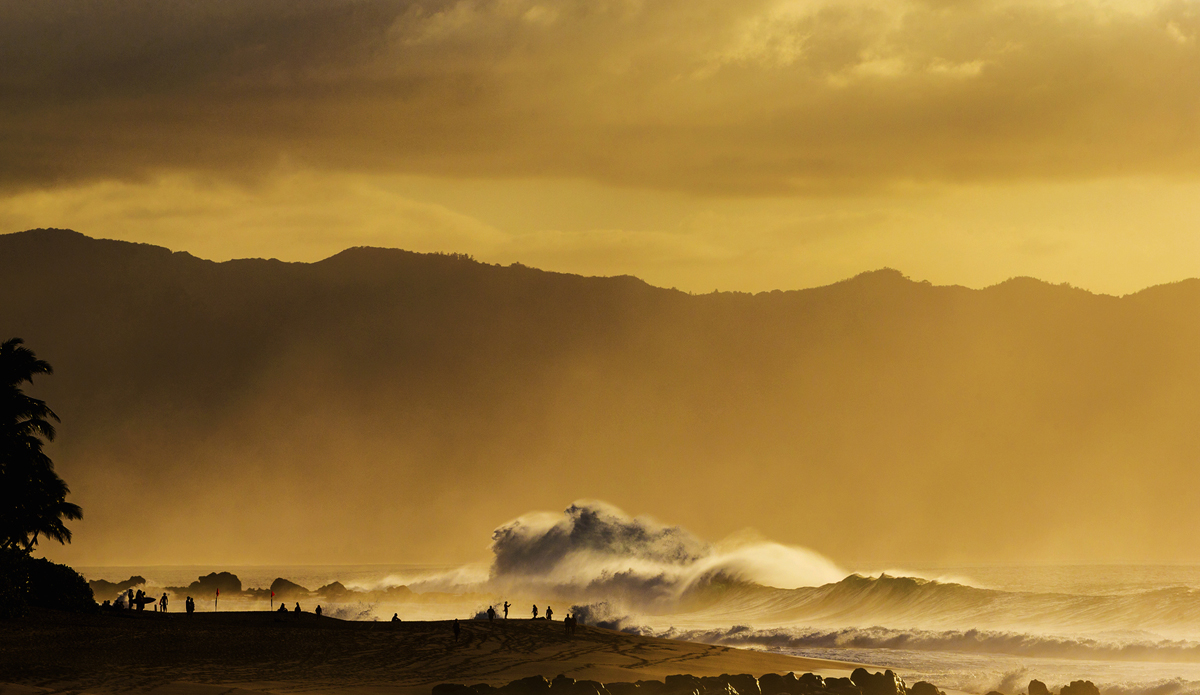 Evening view of the surf break called Log Cabins on the North Shore of Oahu.