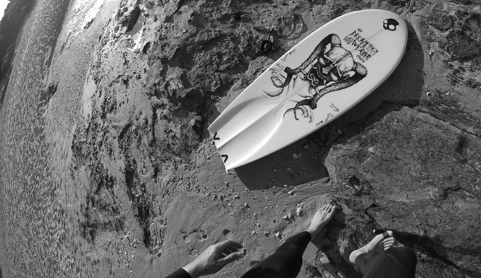 I made this board with help from a few J Bay shapers. It’s called the Dream Weaver, complete with custom dancing Bruce Gold J Bay decals and a pointillism Hannya mask. Photo: <a href=\"https://expressionsaufrichtig.tumblr.com\">Jared Aufrichtig</a>