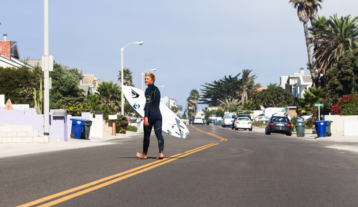 Grom Micky Clarke walking his home streets of Ventura County. Photo: <a href=\"https://www.kincaidcliffordphotography.com/\"> Brian Clifford</a>