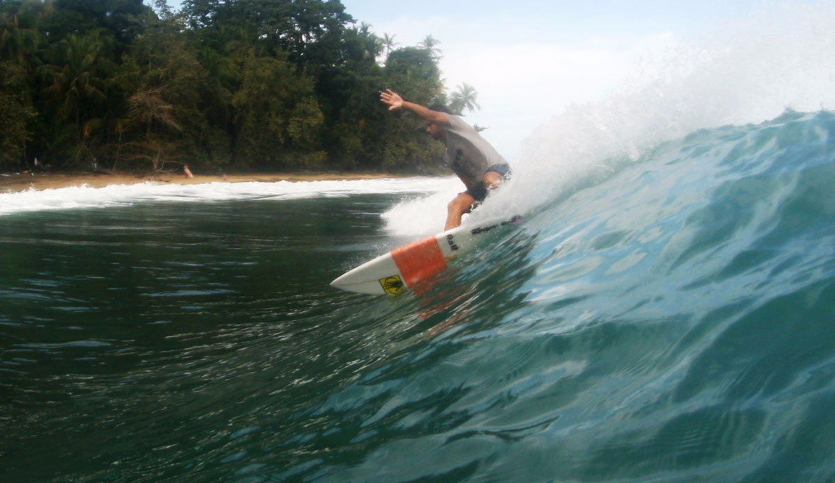 Juan Carlos Gerena slicing into a Central American Jungle reef break. Photo: <a href=\"https://www.duckvillageoutfitters.com/\"> Bob Hovey/Duck Village Outfitters</a>