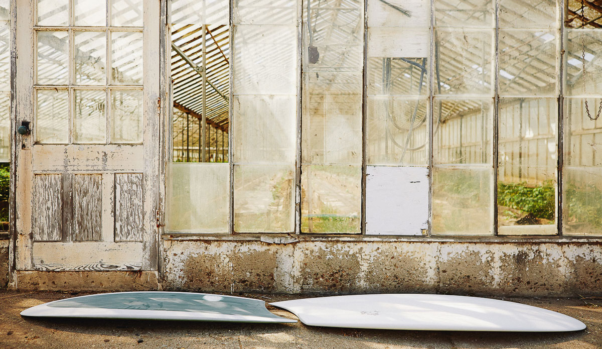 Some asymmetrical boards shaped by Ryan Lovelace. The juxtaposition of the run down green house with the freshly shaped, experimental boards works perfectly. Photo: <a href=\"https://www.chrisdelorenzophoto.com/\"> Chris DeLorenzo</a>