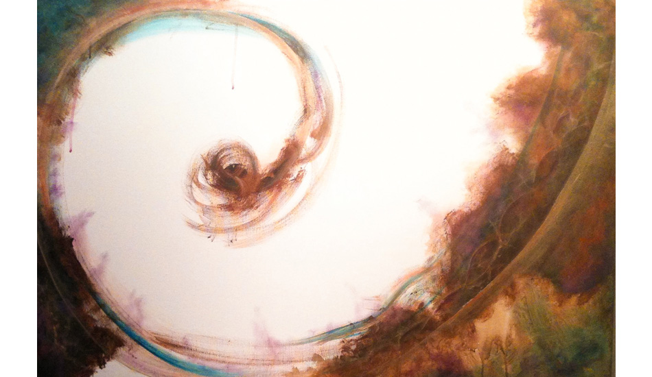 \"Eye La View on Higher Ground.\" 24\" x 36\". The concept of this painting deals with beginnings and endings. The spiral representing the Fibonacci Sequence of exponential growth. The white area is the void, the possibilities, the empty space, the invisible energies. Quantum physics and the study of our changing DNA. What I like to call \"light matter.\"

Here\'s an example of the process my paintings go through (see next image).