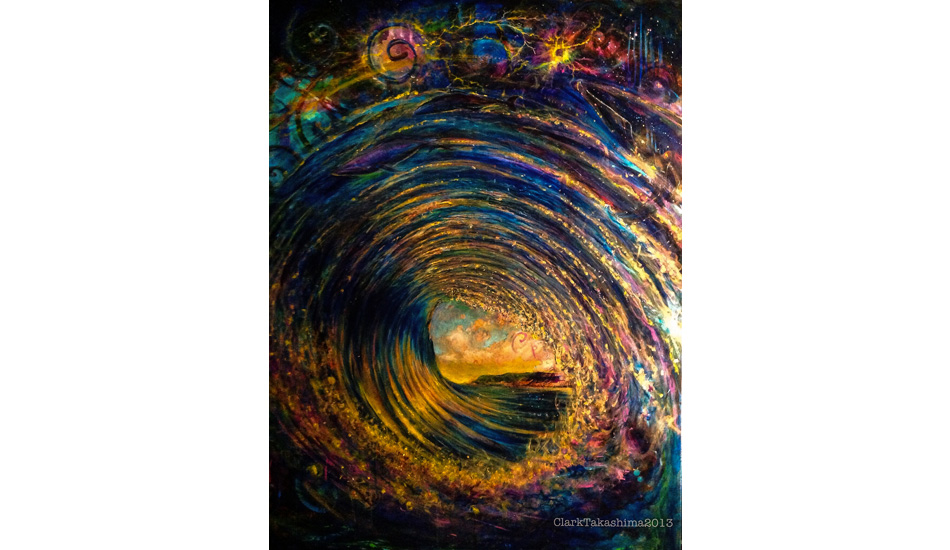 \"Flowing in the Bowl.\" Life\'s defining moments. 36\" x 48\". This one is about connections. Our connection to the ocean, to all living things, to source. Life is a flow. Being in the barrel is a great example of decision making and acting upon those decisions in an instant.