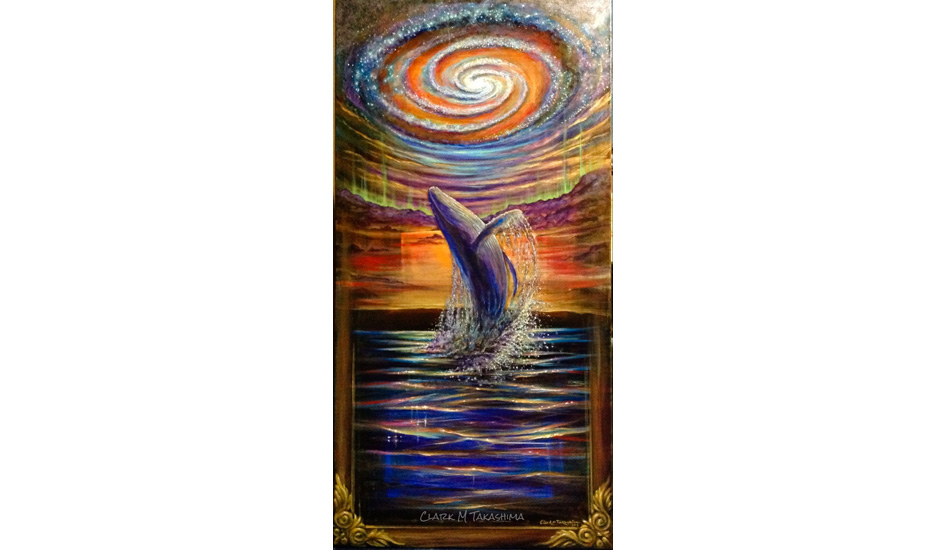 \"Not alone, All one.\" 24\" x 48\", 2013. As with all the Universal Soul Series paintings, the theme of bringing the universe to be seen from earth, humpback whales represent the journey from one place to another. 

This is the final gloss.