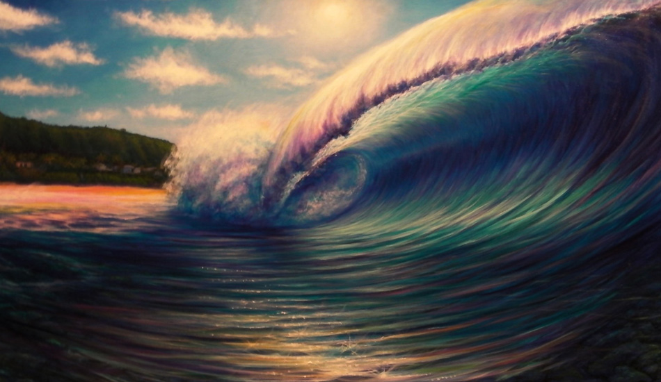 Pipeline, Hawaii. 2008. This is a hand highlighted version from the \"Dream Tour Series\" where I did eleven 24\" x 48\" depicting all the surfing locations on the 2008 ASP World Tour. More on the Dream Tour Series <a href=\"https://www.clubofthewaves.com/surf-art/exhibit-dream-tour-clark-takashima.php\">here</a>.
As my creativity hit an all-time low, I found myself dismissed from Wyland Galleries and began exploring ancient teachings to find out where \"souls\" go after you pass. During this research, I stumbled upon information that led me down different hallways of knowledge. One area of learning leading to another. Quantum physics, the Golden Mean, the Fibonacci Sequence, the spirituality of the Sufi and Toltec ways. This knowledge was guiding me, healing my grief, and spurred me on to keep painting. \"The Universal Soul Series\" is actually a documentation of this seeking. 