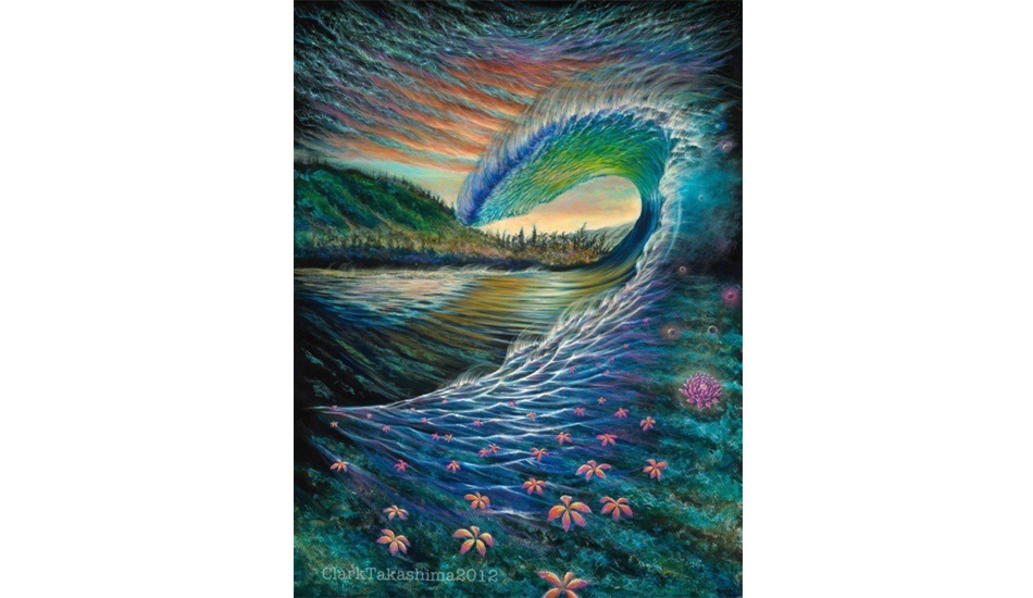 \"Soul Most Known.\" This piece was the first large work I did since my wife passed. I painted it while living with Buttons Kaluhiokalani at Sunset Point. It depicts our world within the universe to reiterate the \"all is one\" theme. At the top, it shows how the structure of the universe is similarly structured as our brains. The lotus flower is giving off marbles of wisdom in the colors of the chakras but aren\'t aligned. It\'s a statement about society and how many of us work towards alignment. The plumeria are symbolic of how a paddle out is a life celebration and not a funeral. With the passing of first my wife, then Andy months after, then Sion, and last year Buttons, this piece has been more relevant to the fact that we are souls with bodies and energy never dies. As my creativity hit an all-time low, I found myself dismissed from Wyland Galleries and began exploring ancient teachings to find out where \"souls\" go after you pass. During this research, I stumbled upon information that led me down different hallways of knowledge. One area of learning leading to another. Quantum physics, the Golden Mean, the Fibonacci Sequence, the spirituality of the Sufi and Toltec ways. This knowledge was guiding me, healing my grief and spurred me on to keep painting. \"The Universal Soul Series\" is actually a documentation of this seeking. 