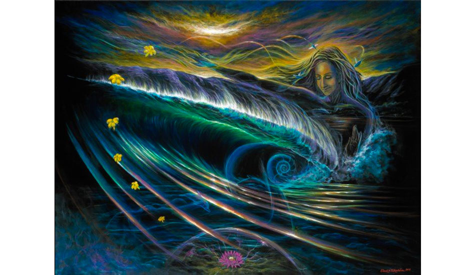 \"Universal Soul.\" 36\" x 48\". Original layered glaze acrylic with iridescent and gold highlighting on canvas. 
She is the feminine wisdom and intuition source. This painting dedicated to all the loves whom are mothers and our earth.
Energy is the focus. Waves higher than the tangible. As within all the Universal Soul Series of paintings, the palette for this work is inspired by the colors from the Hubble Telescope photographs. The reminder that we live, connect and breathe in this one universe and those present in the real illusion of rainbows (where water and light make love) brings the universe closer to earth.