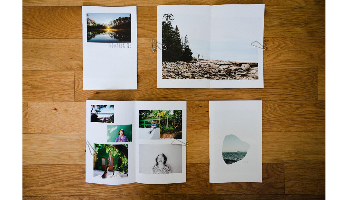 “Ingathering” zine from last fall. “Bula” zine from Tavarua. Photo: <a href=\"https://www.coreyfrank.com\">CoreyFrank.com</a>