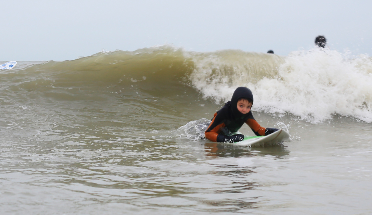 And of course there\'s a huge scene of groms! These little dudes don’t care about the cold water, they are out there having fun and aspiring to some day be on the WCT. Photo: Damian Davila