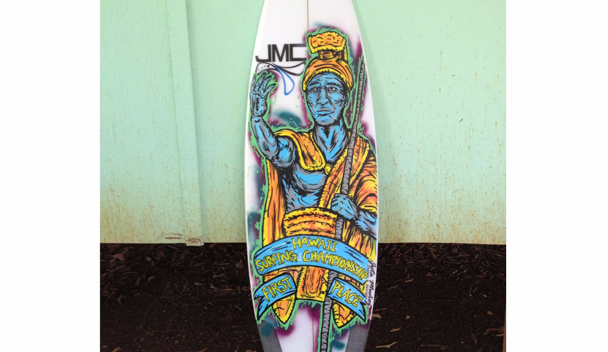 King Kamehameha, 1st place trophy for 2014 Hawaii Surfing Championship. Illustration: <a href=\"https://instagram.com/dcasted\">@Dcasted</a>