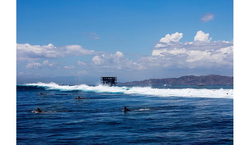 This was looking back on the lineup at Cloudbreak from the top of a wave on a decent size day. I had already been floored by a wave so I was swimming outside to catch my breath when I took this shot. Photo: <a href=\"https://www.davenilsenphotography.com/\">Dave Nilsen</a>