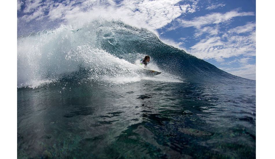 Sally Fitzgibbons setting up for the barrel. I got dragged over the reef from this wave, but it was worth it. Photo: <a href=\"https://www.davenilsenphotography.com/\">Dave Nilsen</a>