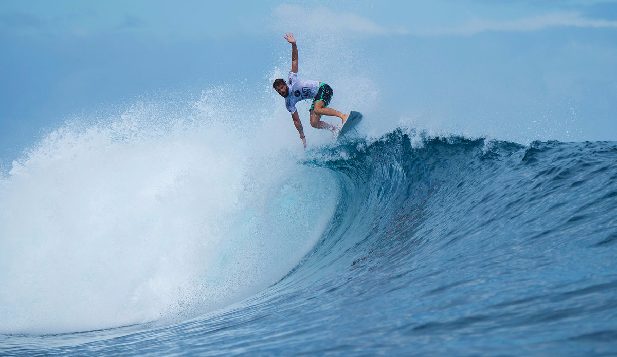Alejo Muniz of Brasil (pictured) winning his Round 1 heat at the Fiji Pro at Cloudbreak on Friday June 12, 2015. Photo: <a href=\"https://www.worldsurfleague.com/\">WSL/<a href=\"https://instagram.com/kirstinscholtz/\">Kirstin Scholtz</a>