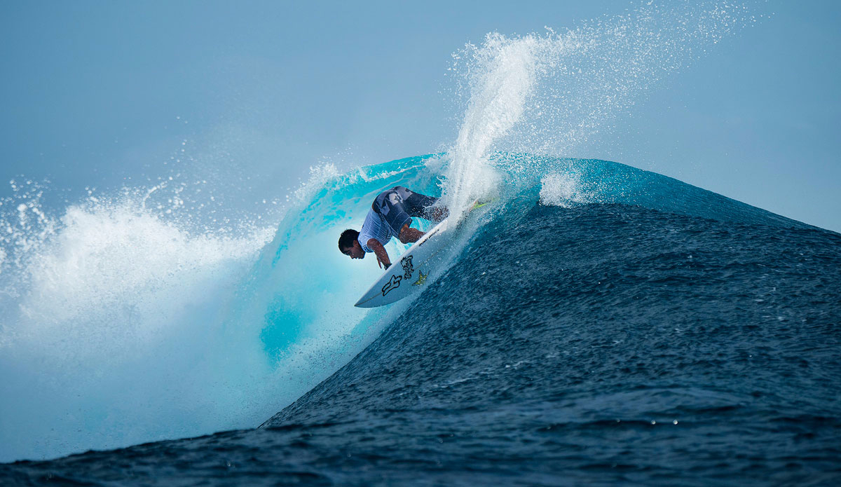 Keanu Asing of Hawaii surfing Round 1 Heat 11 at the Fiji Pro where he defeated Bede Durbidge of Australia. Photo: <a href=\"https://www.worldsurfleague.com/\">WSL/<a href=\"https://instagram.com/kirstinscholtz/\">Kirstin Scholtz</a>