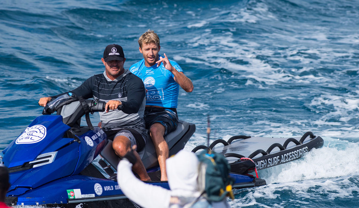 Sebastien Zietz of Hawaii wins his Round 1 heat at the Fiji Pro defeating Australia’s Owen Wright in a very close heat. Zietz took the heat on his final ride which scored him a 7.67. Photo: <a href=\"https://www.worldsurfleague.com/\">WSL/Robertson</a>